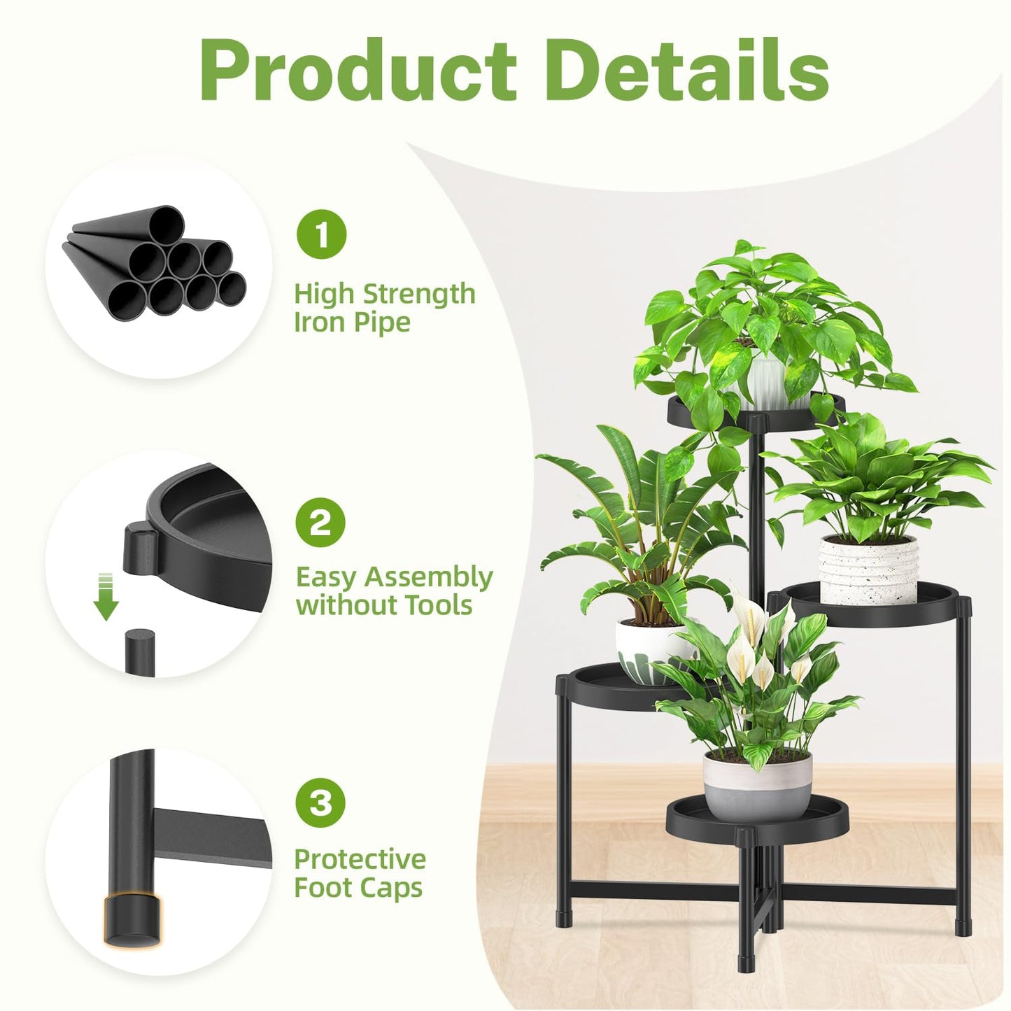 iDavosic.ly 4 Tier Folding Plant Stand Indoor Outdoor with Plastic Tray, Tiered Corner Flower Holder Shelf, Metal Orchid Display Rack for Patio Porch Living Room Garden Balcony, Modern Black