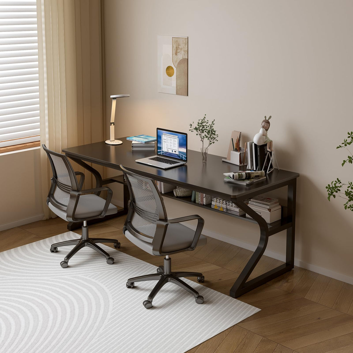 OSCHF Extra Long Desk with Bookshelf - 63" Double Long Writing Table for 2-Person Workstation, Modern Study Work Computer Desk for Home and Office, Black