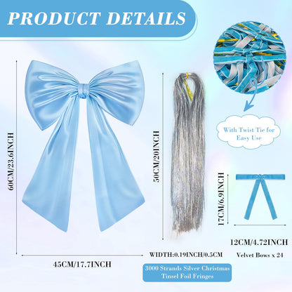17x23 Inch Large Blue Bow for Christmas Tree Topper Christmas Tree Decoration Set: 24 Small Velvet Bows, 1 Pcs Big Tree Topper Bow, 3000 Strands of Tinsel Icicles for Holiday Decor (Blue)