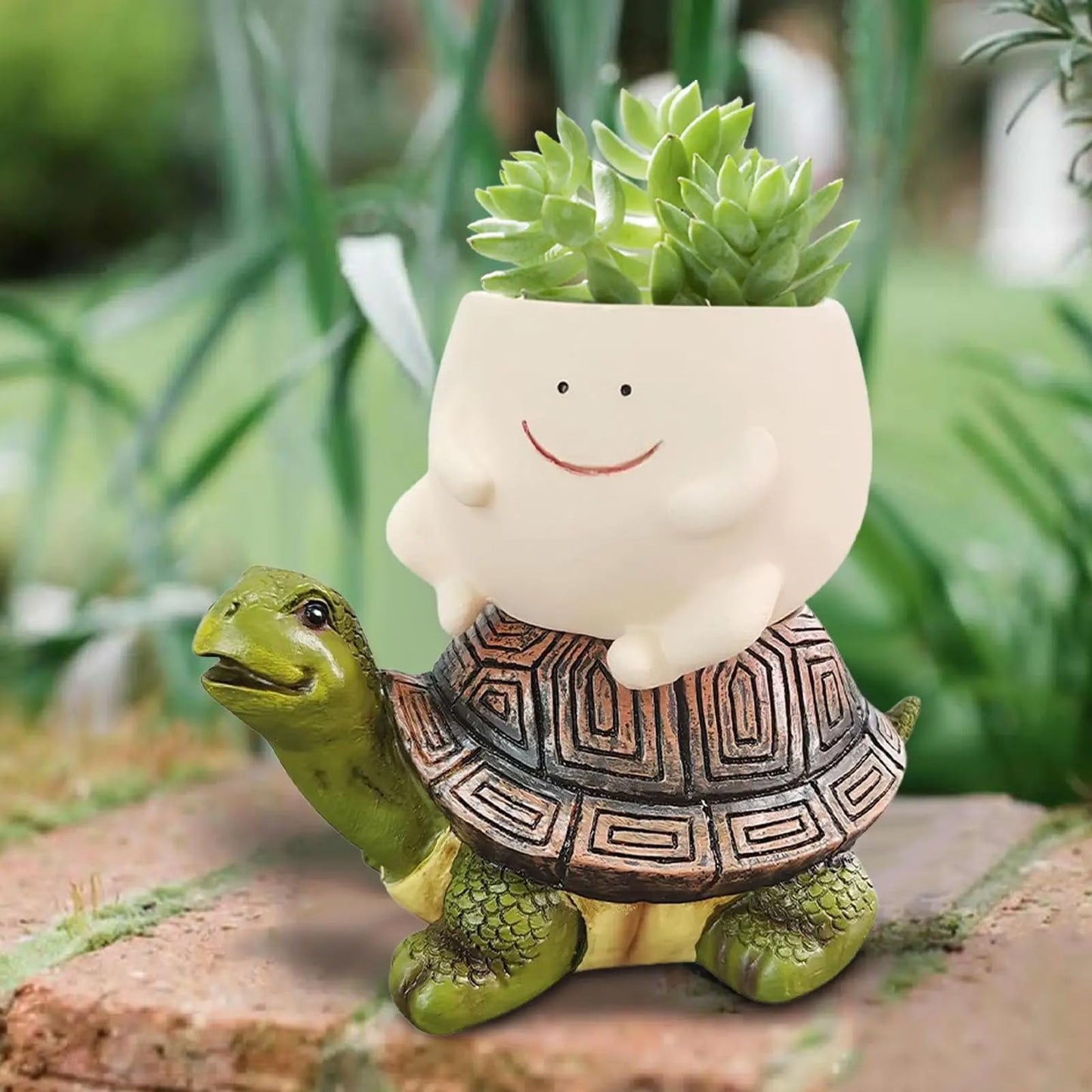 LZEXIN Smiley Face Planter Pot, Cute Plant Pots for Indoor Outdoor, Resin Smile Face Flower Cute Planter with Drainage Hole, Creative Flower Pot Succulent Planters(Riding The Turtle Model)