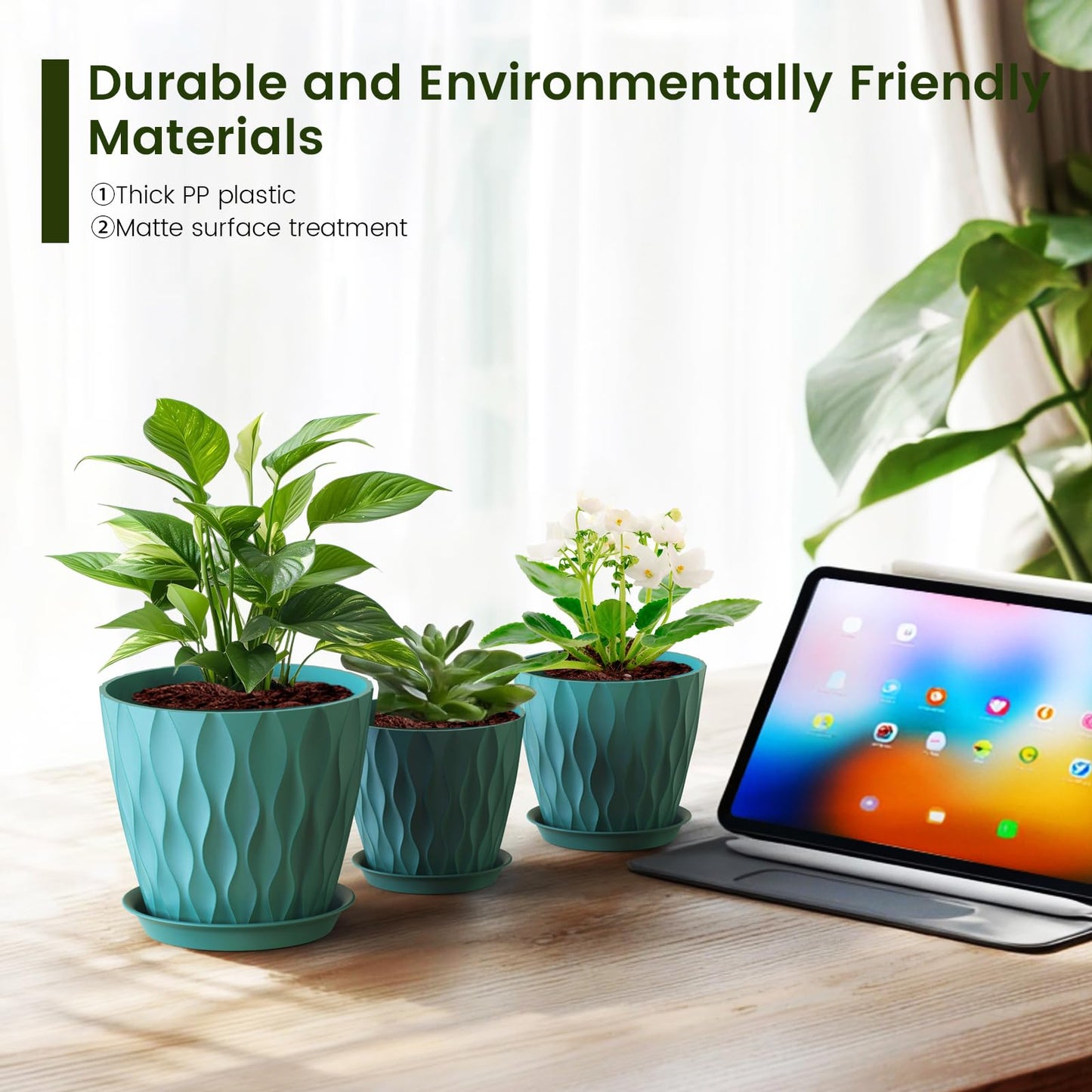 Meowell 7/6.5/6/5.5/5/4.5/4 inch Plant Pots for Indoor Outdoor Plants, 7 Pack Thick Flower Pots with Drainage Holes and Saucers, Modern Wave Texture Small Plastic Planters Nursery Pots, Blue Green