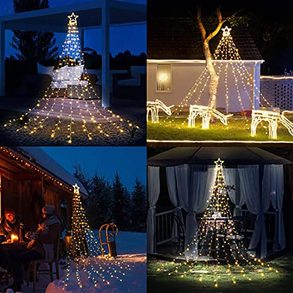 PUHONG Christmas Decoration, Outdoor Star String Lights, Christmas Tree Toppers Lights 320 LED 8 Modes with 12" Lighted Star for Halloween Christmas New Year Holiday Birthday Decor (Warm White)