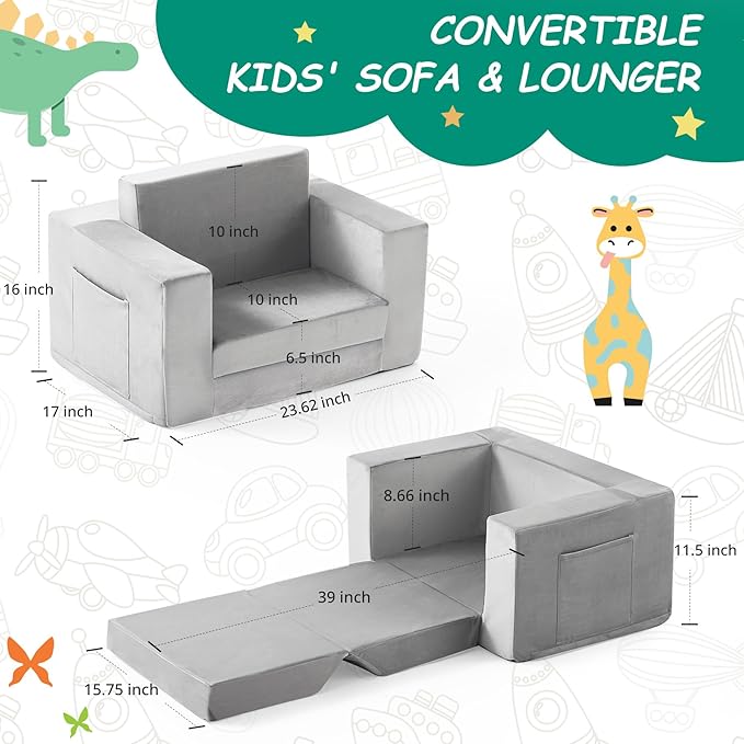Kids Couch, 2-in-1 Toddler Chair Comfy 1-3 Years Old, Convertible Kids Chair