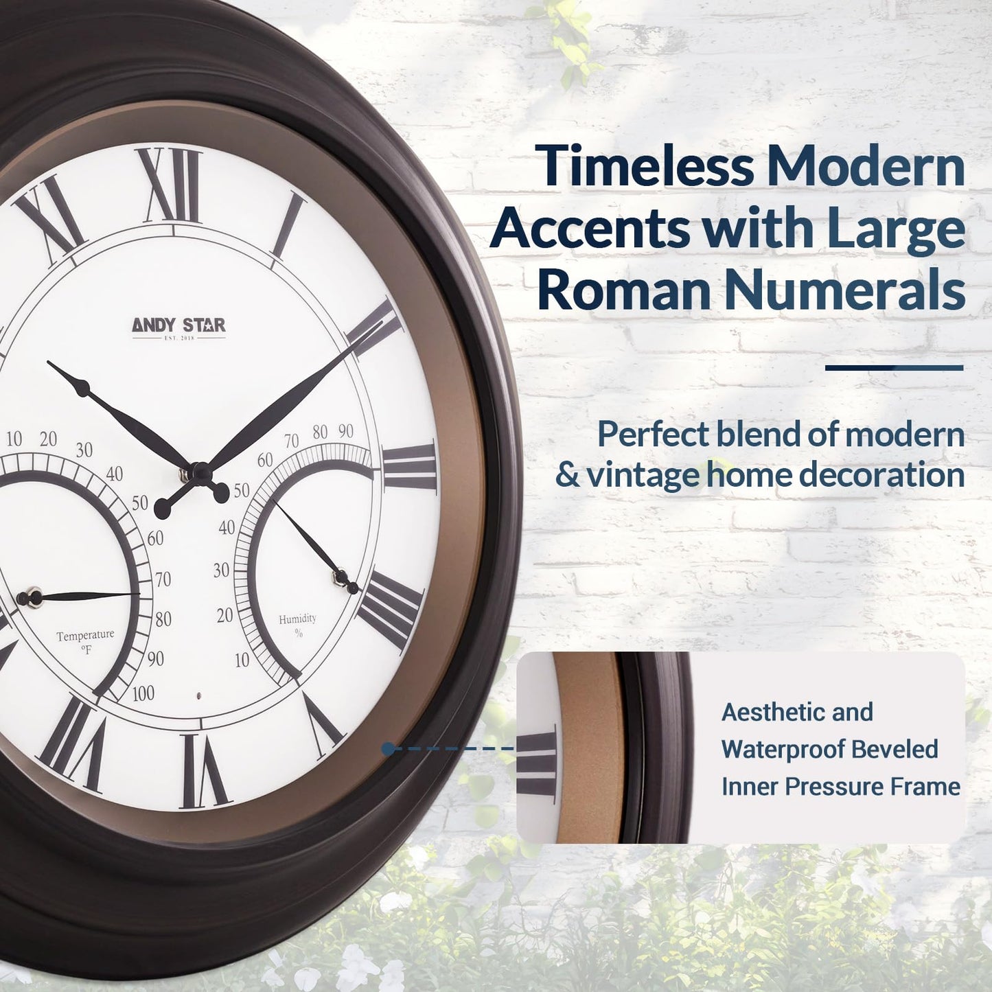 ANDY STAR 24 Inch Outdoor Clocks Waterproof,Large Outdoor Wall Clocks for Patio with Thermometer, Weatherproof Illuminated Clock Battery Operated with Thermometer&Hygrometer,Oil Rubbed Bronze Black