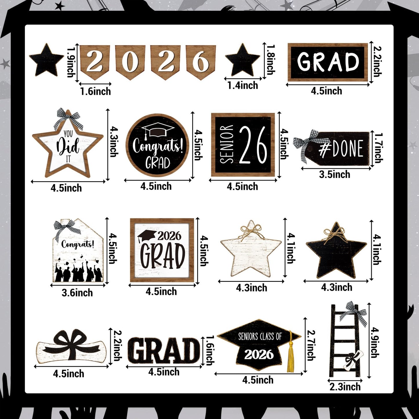 Vercraft 18 Pcs Graduation Tiered Tray Decorations Class of 2026 Tiered Tray Decor Black White Grad Wooden Signs Farmhouse Table Shelf Decoration for Graduation Party Supplies(Black White)