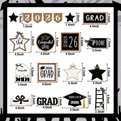 Vercraft 18 Pcs Graduation Tiered Tray Decorations Class of 2026 Tiered Tray Decor Black White Grad Wooden Signs Farmhouse Table Shelf Decoration for Graduation Party Supplies(Black White)