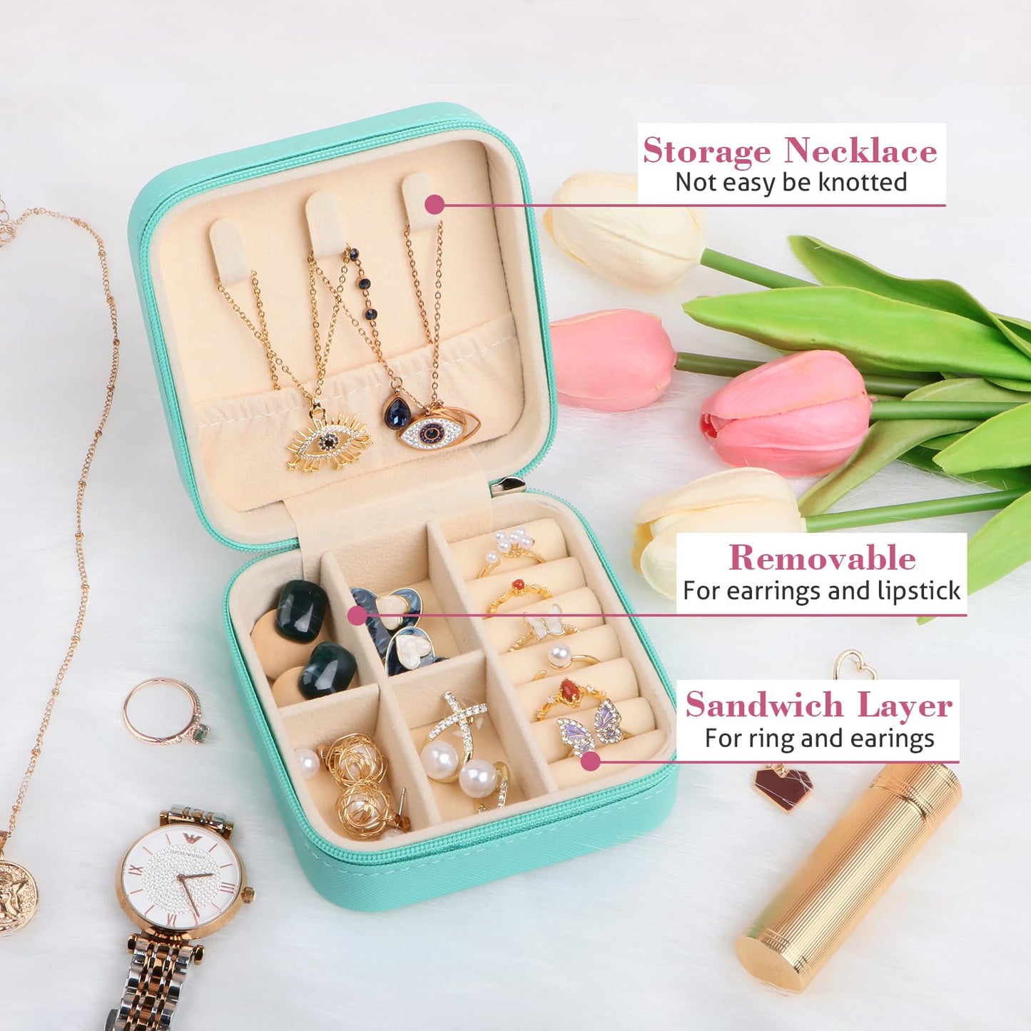 17Dec Small Travel Jewelry Case Organizer,Mini Travel Essentials for Women,Bridesmaid Gifts Birthday Gifts for Women,Small Jewelry Box for Girls 8-12