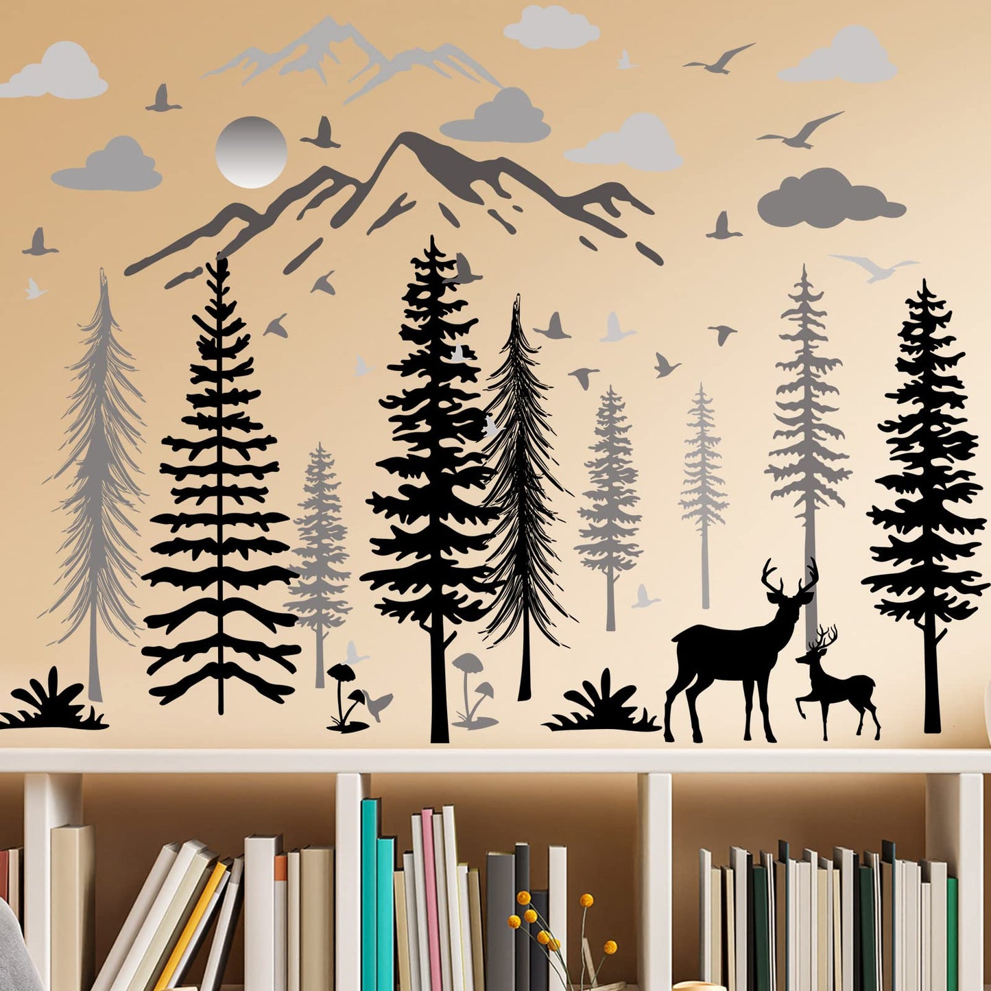 Teling 8 Pieces Winter Snowflake Wall Decals Stickers Dreamy Nursery Forest Woodland Trees Deer Pine Tree Wall Decals for Kids Room Winter Decor(Black, White, Gray)