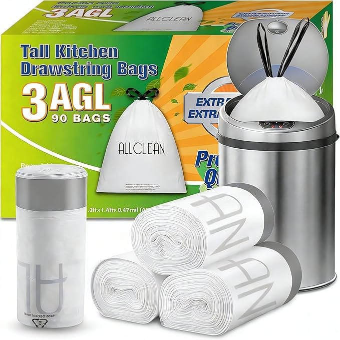 Trash Bags 3 Gallon Small Kitchen Drawstring Bathroom Garbage Bags, Fit 3 Gal