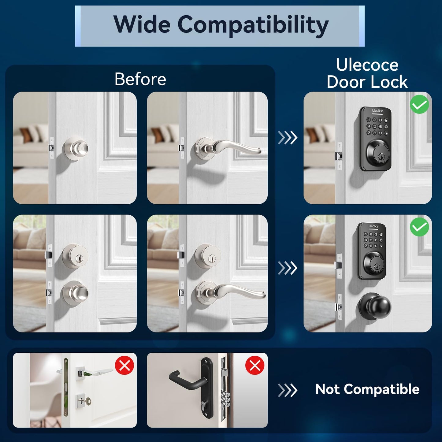 Keyless Entry Keypad Deadbolt with Handle Set, Smart Lock, Auto-Lock + One-Touch Lock, 100 Codes + 15-Min Easy Install, Ideal for Airbnb/Homes/Offices, Fits U.S. Standard Front Doors, Black