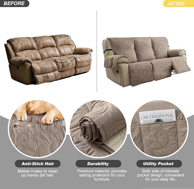 100% Waterproof Recliner Sofa Covers 3 Seater, 6-Piece Split Non-Slip Reclining