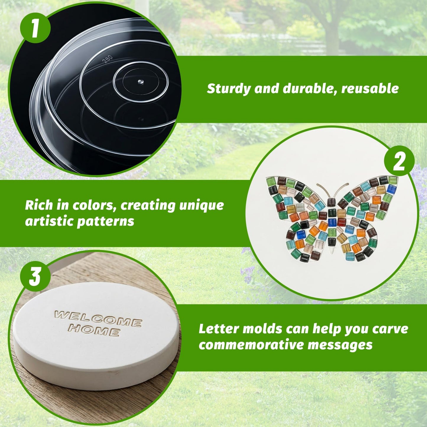 U0U 10PCS Stepping Stone Kit Includes Round Cement Molds, Mosaic Tiles and Carving Tools,DIY Garden Stepping Stone kit for Kids,Family,Outdoor Walkways Pavement Decoration (No Concrete Mix)