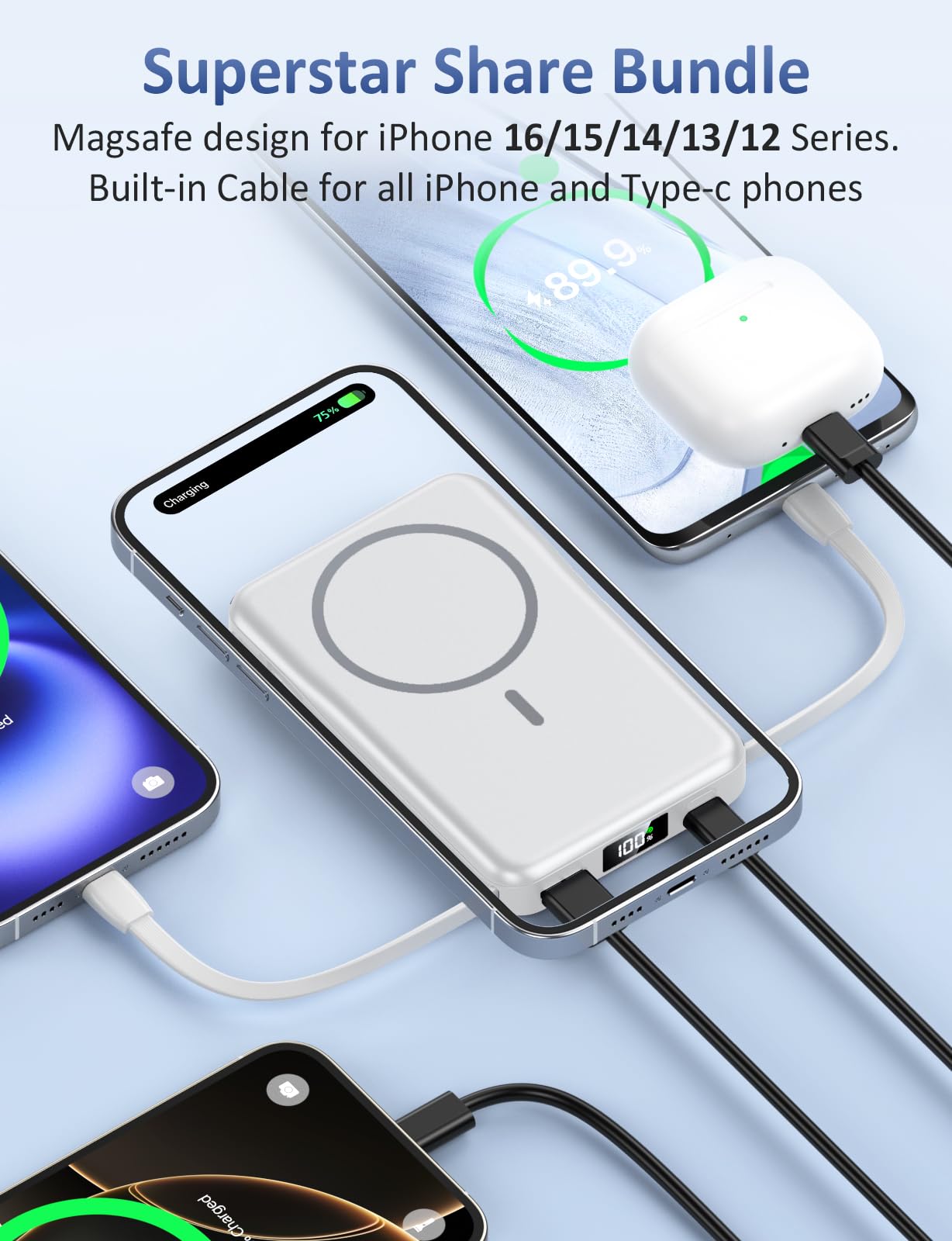 Magnetic Portable Charger, 10000mAh Power Bank, 5 in 1 Portable Charger with Built in Cable, 20W Fast Charging for Magsafe Battery Pack Compatible with iPhone 17/16/15/14/13/12 Pro/Pro Max Series