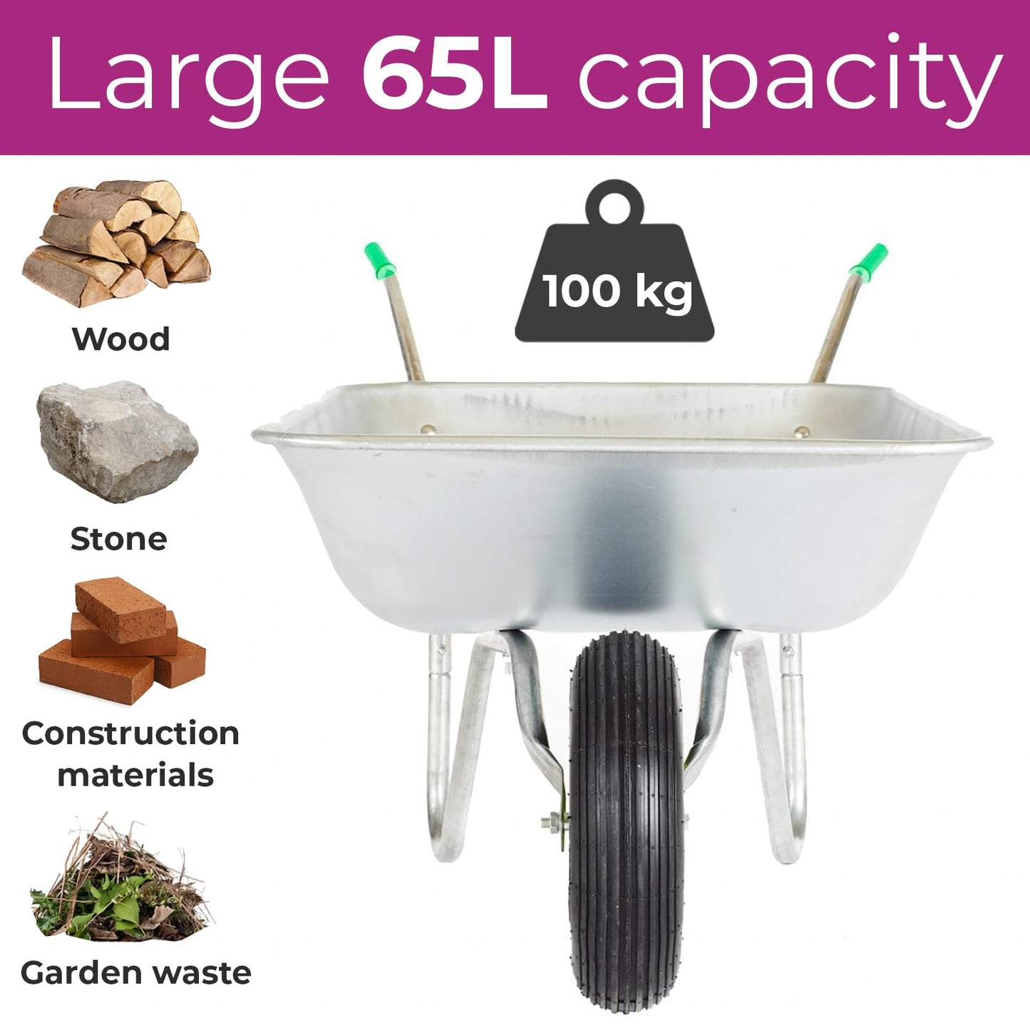 Neo Wheelbarrow Home Garden Cart Galvanised with Pneumatic Tyre (65L), Silver