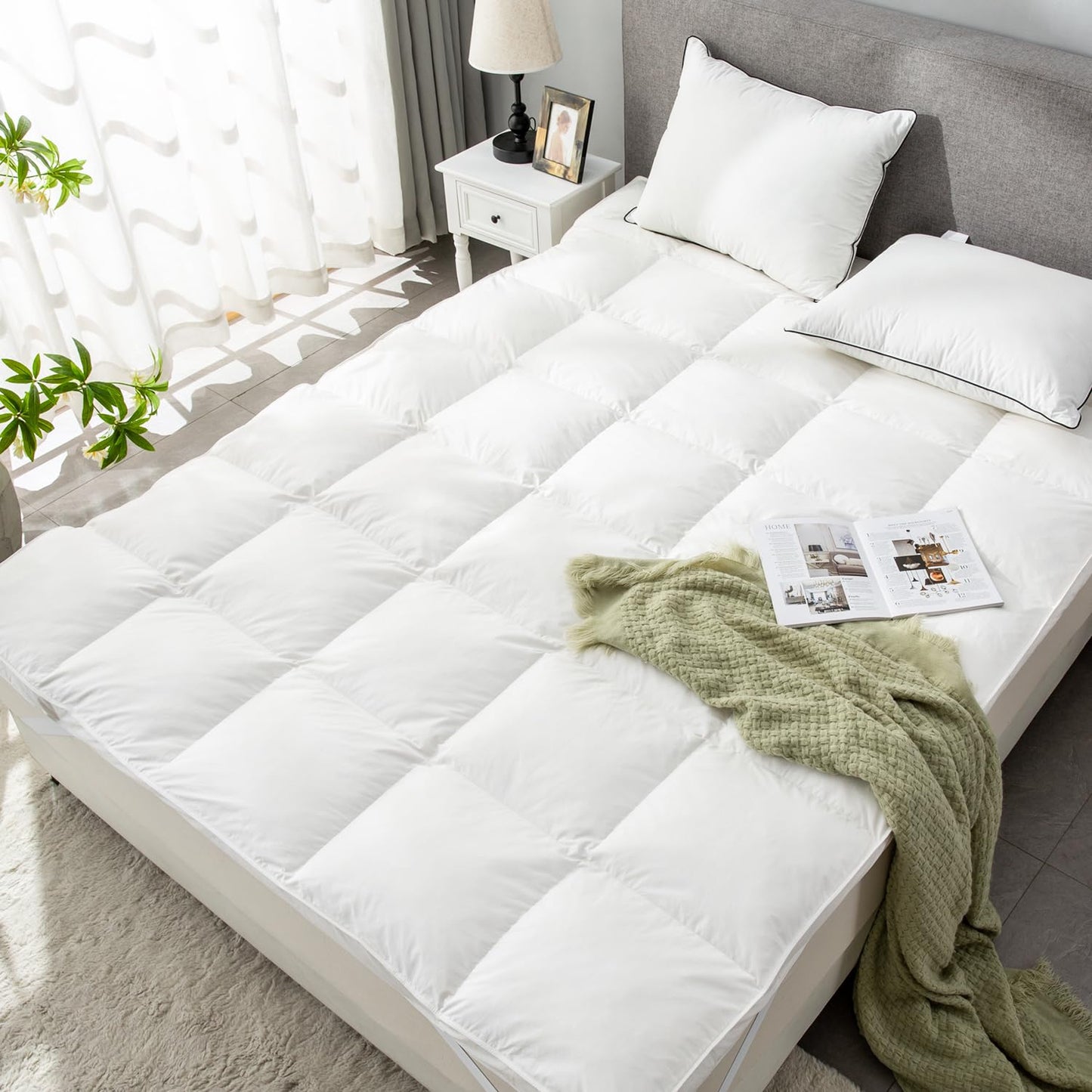 ROSE FEATHER Goose Down Feather Mattress Topper, RV King Down Mattress Protector Cover with Straps, Plush Soft Fluffy Baffled Pillowtop Featherbed Cooling Pad All-Season Luxury (72x80 Inch)