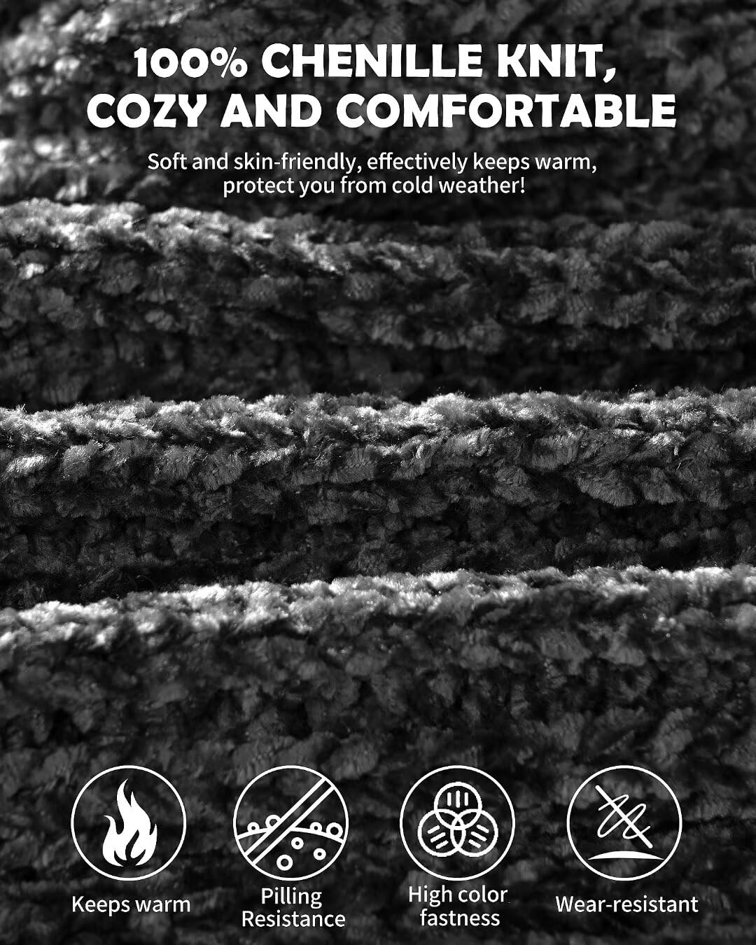 Women Beanie Scarf Gloves Headband Set for Winter, Chenille Beanie Hats Ear Warmer with Fleece Lined Knit Scarf Touchscreen Gloves, 4 In 1 Warm Xmas Gift Set Stocking Stuffers for Women-Gray