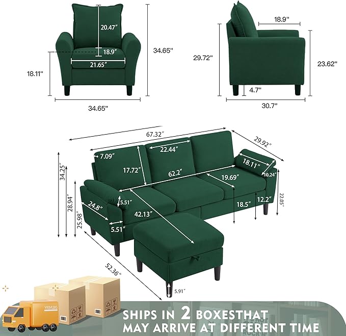 79" Convertible Sectional Sofa Set, Modern Linen Small L Shaped Couch