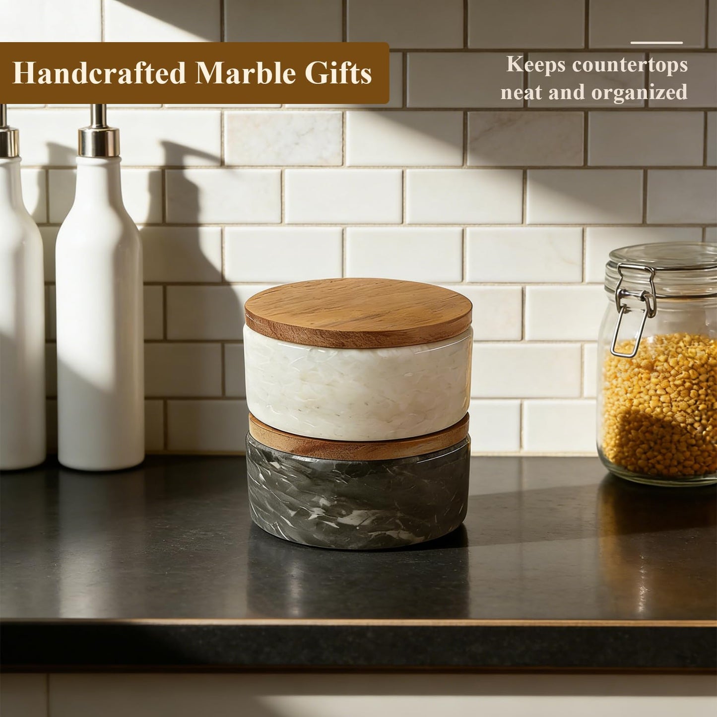 ZJSYTQS Marble Salt and Pepper Bowls,2Pcs Handcrafted Solid Marble Salt and Pepper shakers with Lids and Spoons, Stackable Spice Containers for Kitchen Counter Decor