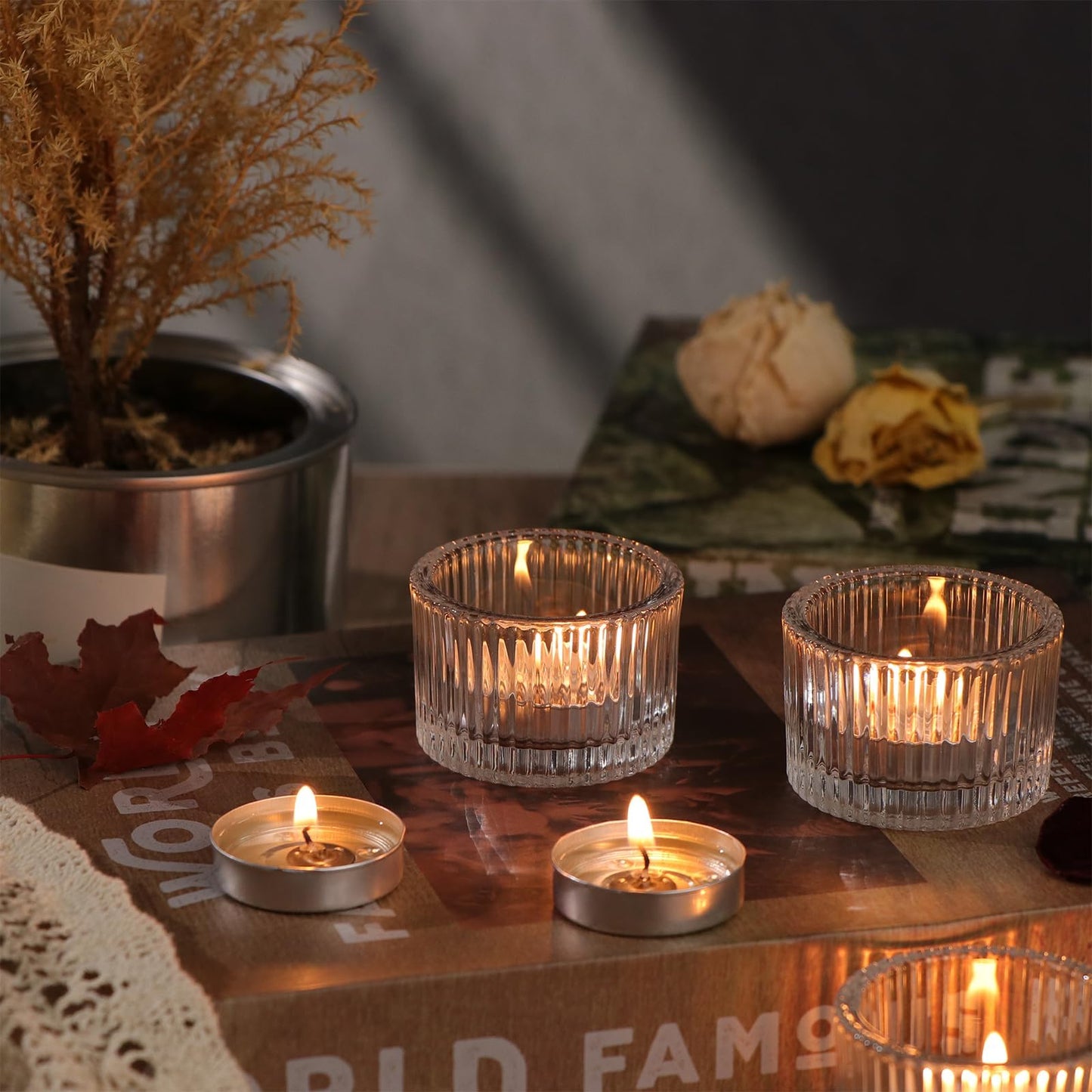 24 Pack Tea Light Candle Holders, Glass Clear Tealight Candle Holder Votive Candles Holders for Fall Wedding Table Centerpiece, Home Decor and Party Supplies