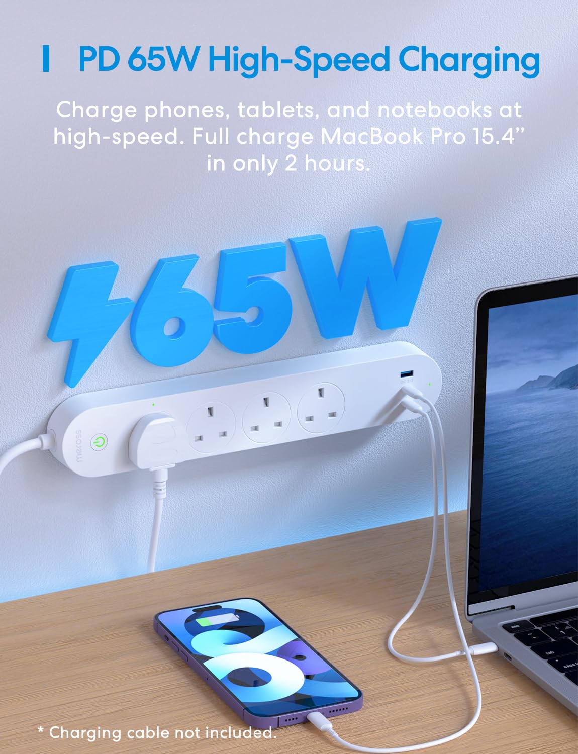 Meross Smart Power Strip, 65W GaN Fast Charger, 4 Outlet + 2 USB C + 1 USB A, WiFi Plug with 2 PD Ports, Support Apple HomeKit, Alexa, Google Home and SmartThings, Voice/Remote Control, 2.4GHz Only