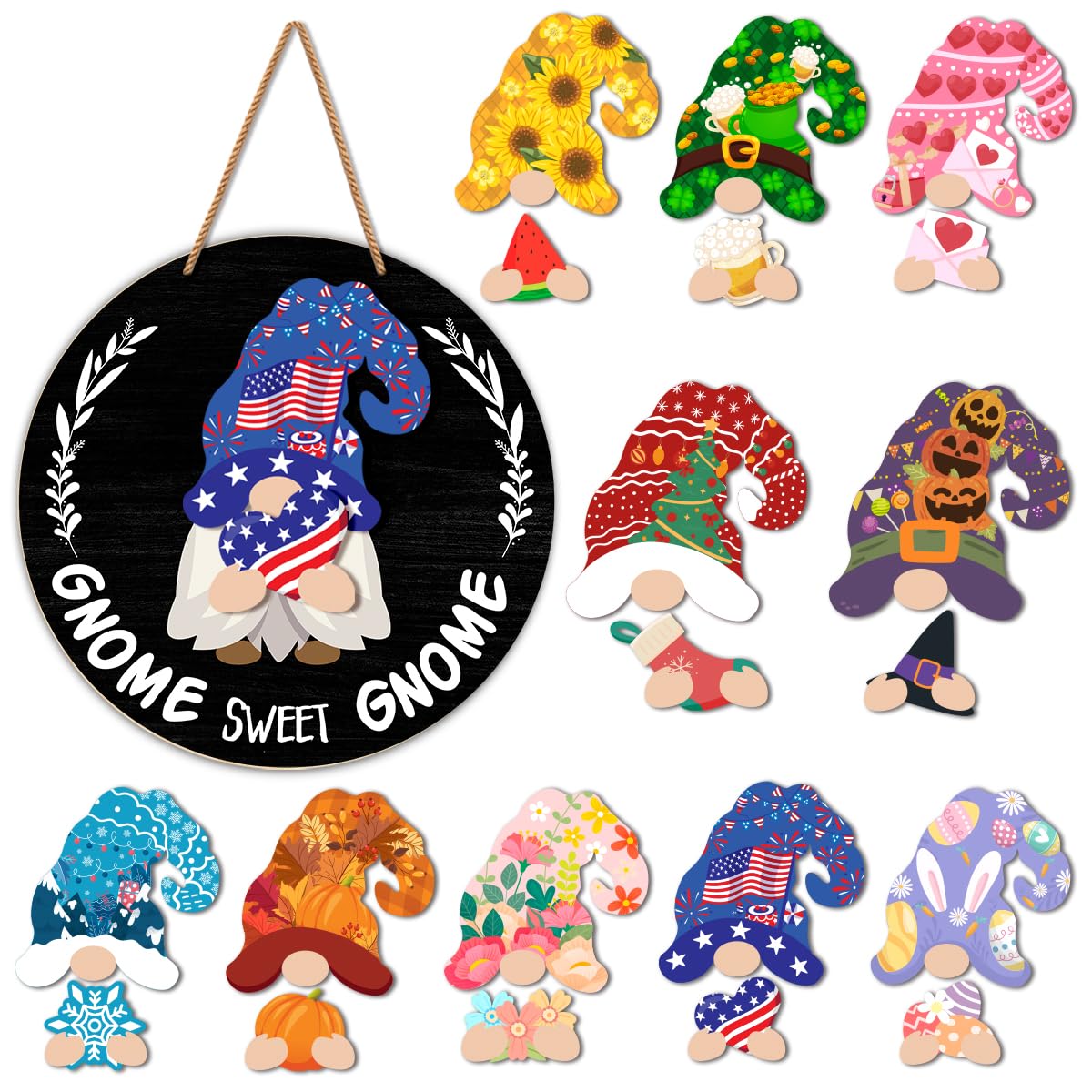 Interchangeable Gnome Welcome Sign Summer Patriotic 4th of July Door Decorations, Changeable Seasonal Front Porch Decor Wood Wreath Gnomes Gifts for Spring Fall Winter All Seasons Holiday, Black