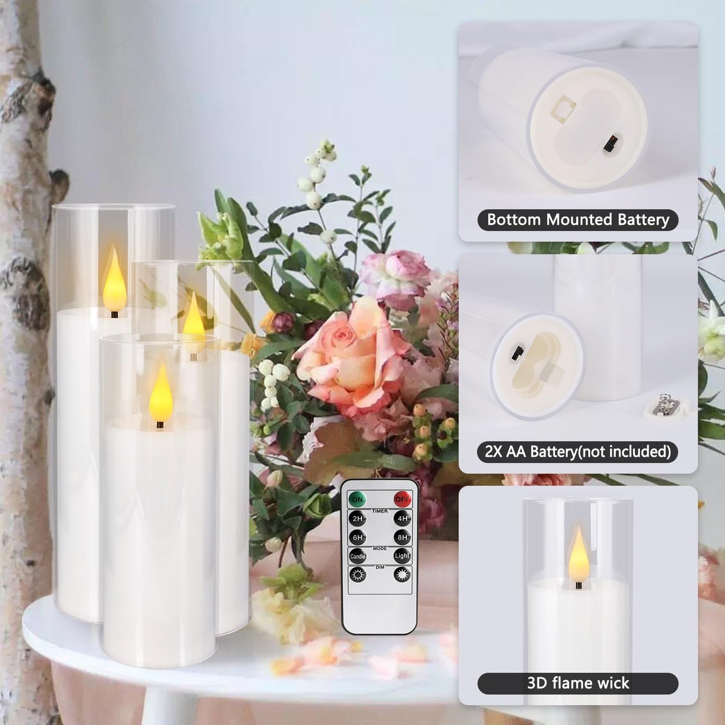 YOROXRG Flameless Candles,Battery Operated LED Candles Ideal for Halloween, Christmas,Home Decor,Home Party Wedding Indoor Outdoor,White 2.2X5“6”6“7”7“H