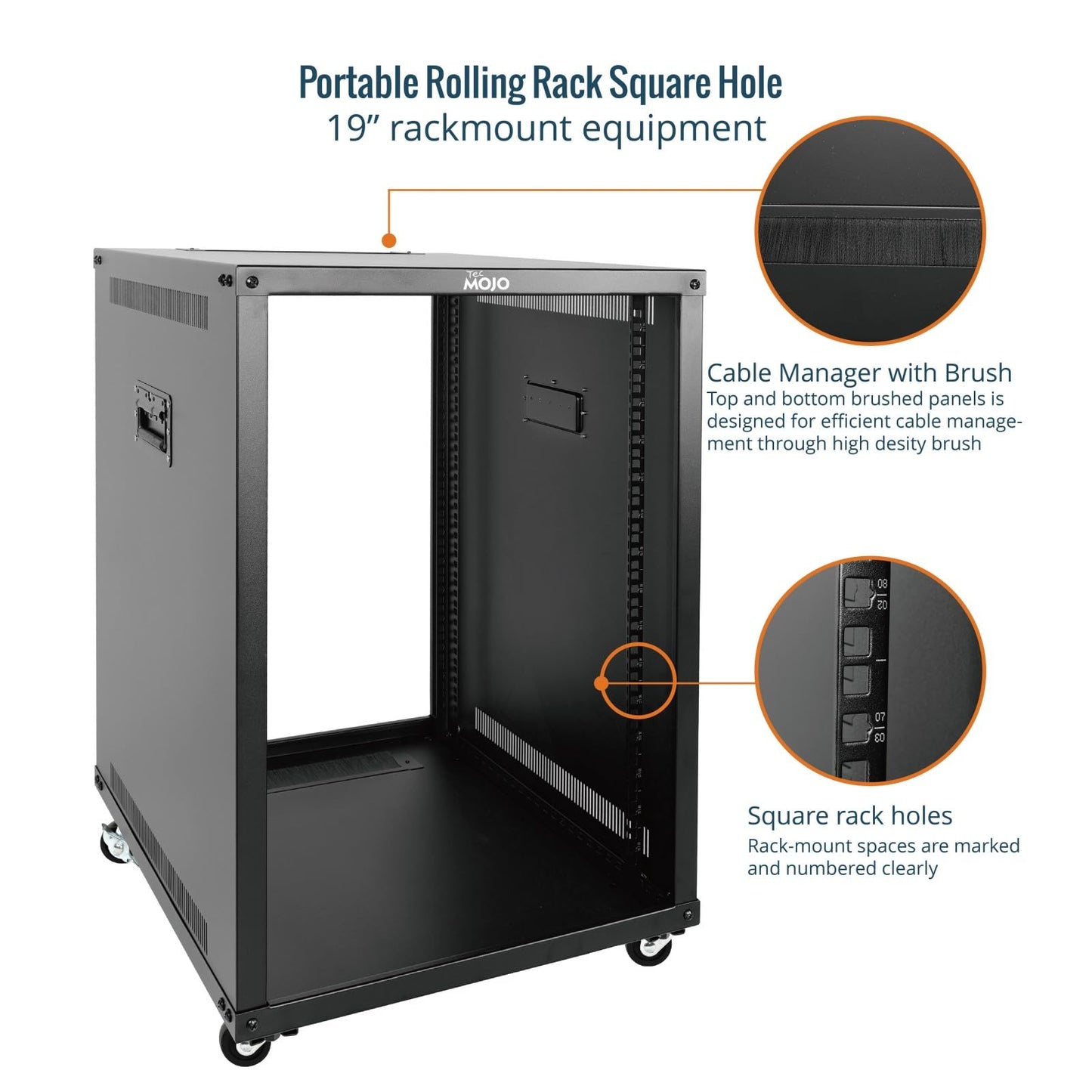 Tecmojo 15U Portable Rolling Network Rack, 4-Post Mobile Open Frame Server Rack with Wheels, Free Standing Server Cabinet for Computer/Data/AV/IT Equipment/Network Equipment