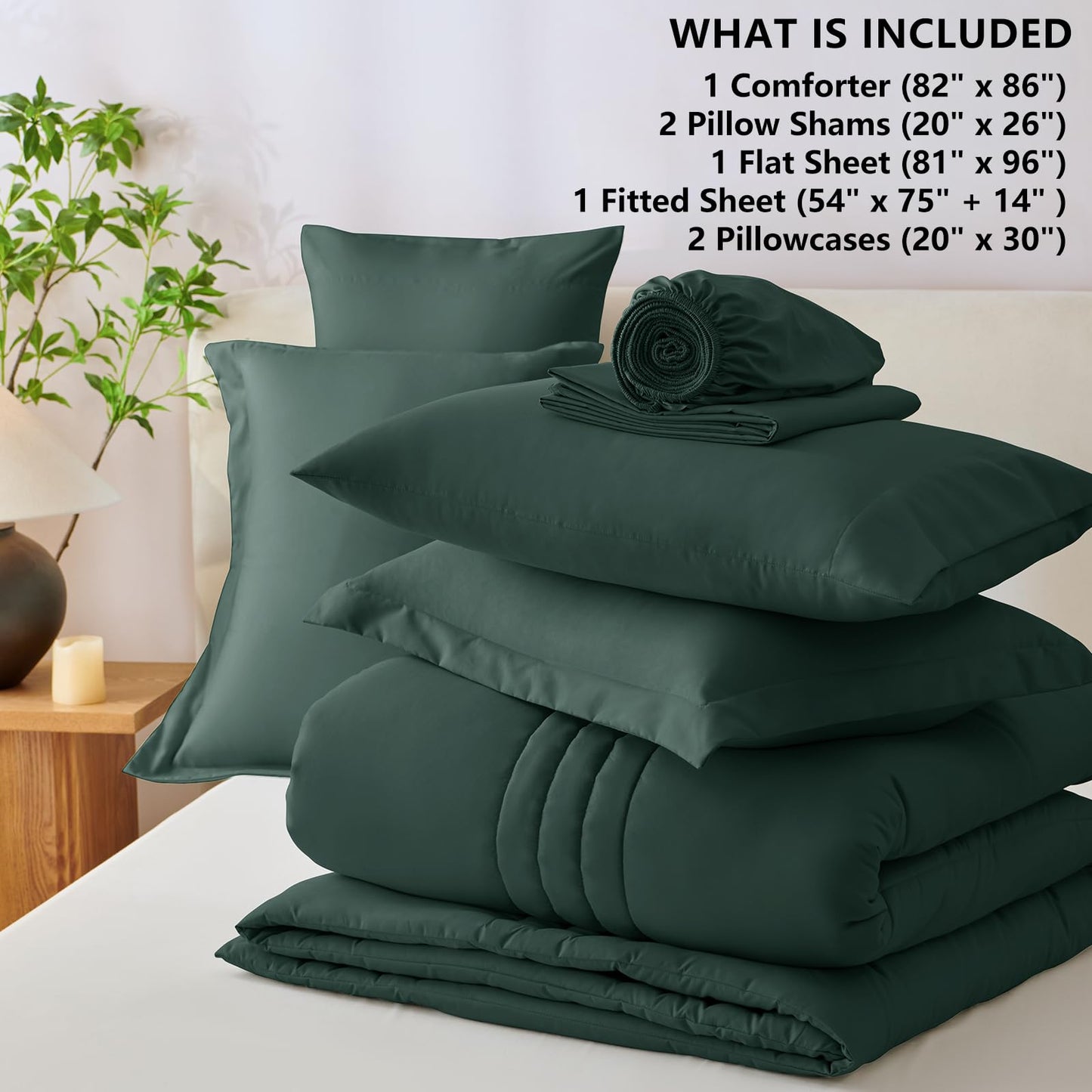 CozyLux Full Size Comforter Sets Forest Green - 7 Pieces Bed in a Bag, Modern Vertical Quilted Room Decor, Soft All-Season Bedding Gift with Comforter, Sheets, Pillowcases & Shams