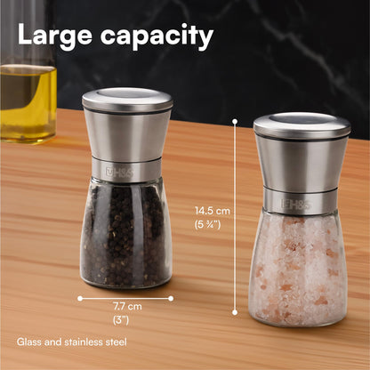 H&S Salt and Pepper Grinder Set - Manual Mill Grinders for Kitchen - Glass and Stainless Steel Spice Mills with Adjustable Coarseness - Easy to Use and Fill - Large Capacity