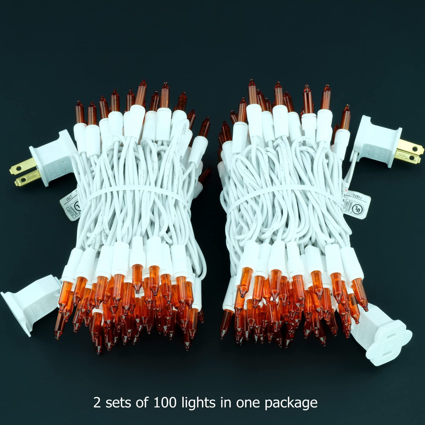 YULETIME 200 Orange Christmas String Lights, 2-Set 21 ft 100 ct White Wire