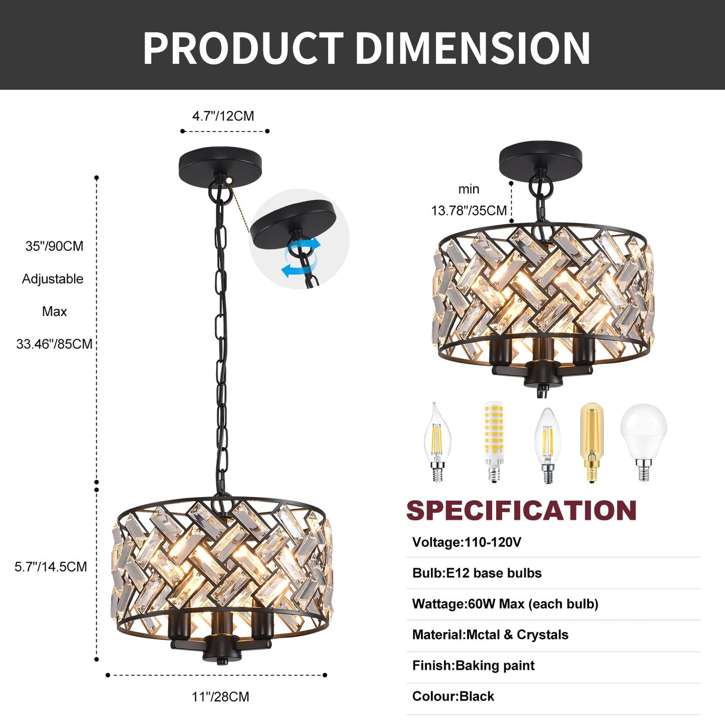 lobolighting Black Crystal Chandelier, 11'' Modern Chandelier, 3-LightSemi Flush Mount Ceiling Light Fixture for Dining Room Foyer Hallway