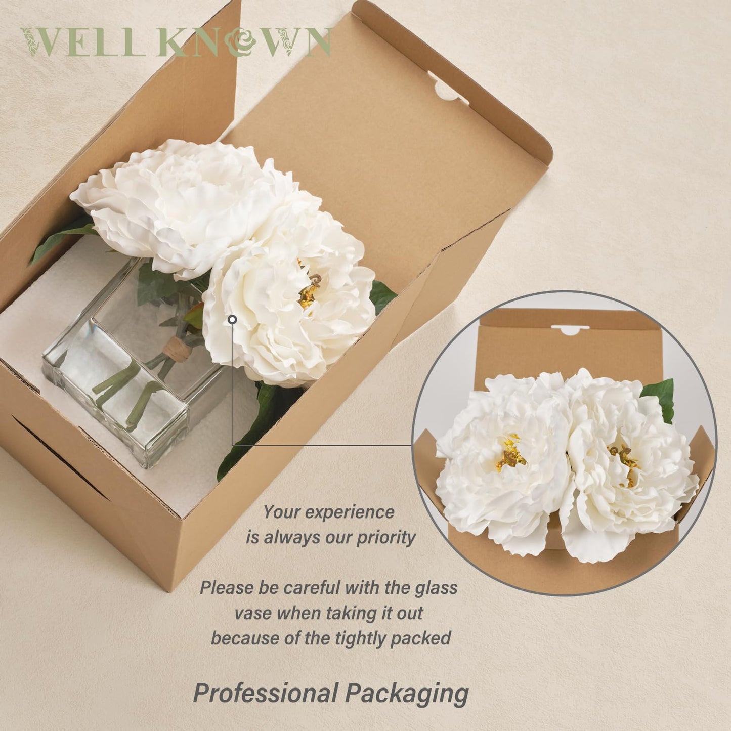 Artificial Peonies Flowers Arrangement in Cube Glass Vase, WELLKNOWN Ivory White Silk Flowers Centerpiece for Home Party Wedding Dining Coffee Table Decor, Faux Peony Flower Bouquet with Fake Water