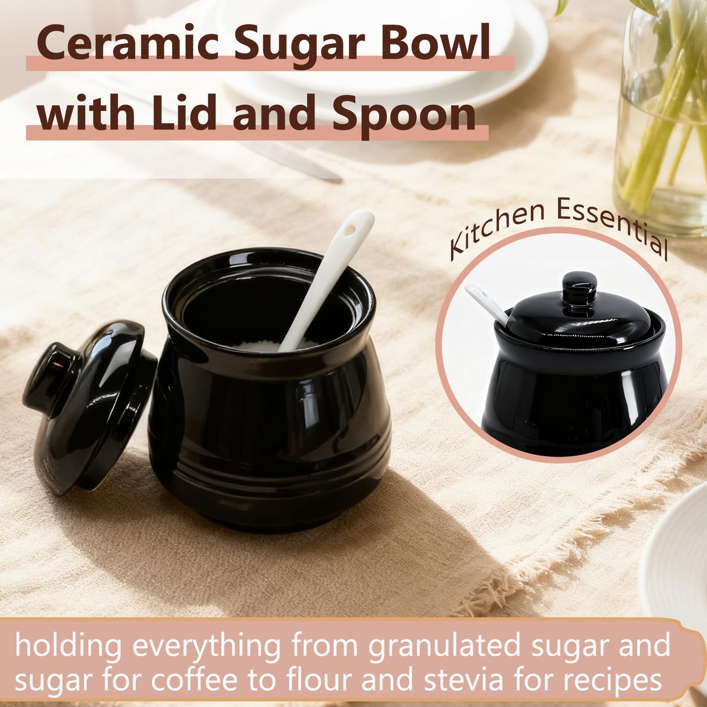 Fcreimd Sugar Bowl Ceramic Sugar Jar, Sucrier 12 oz Sugar Container with Lid and Spoon (Black)