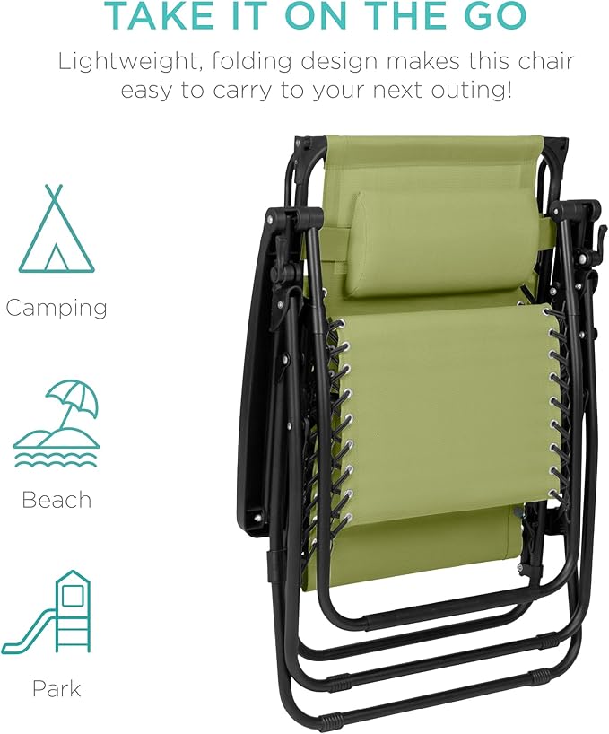 Best Choice Products Folding Zero Gravity Outdoor Recliner Patio Lounge Chair w/Adjustable Canopy Shade, Headrest, Side Accessory Tray, Textilene Mesh - Dusty Green
