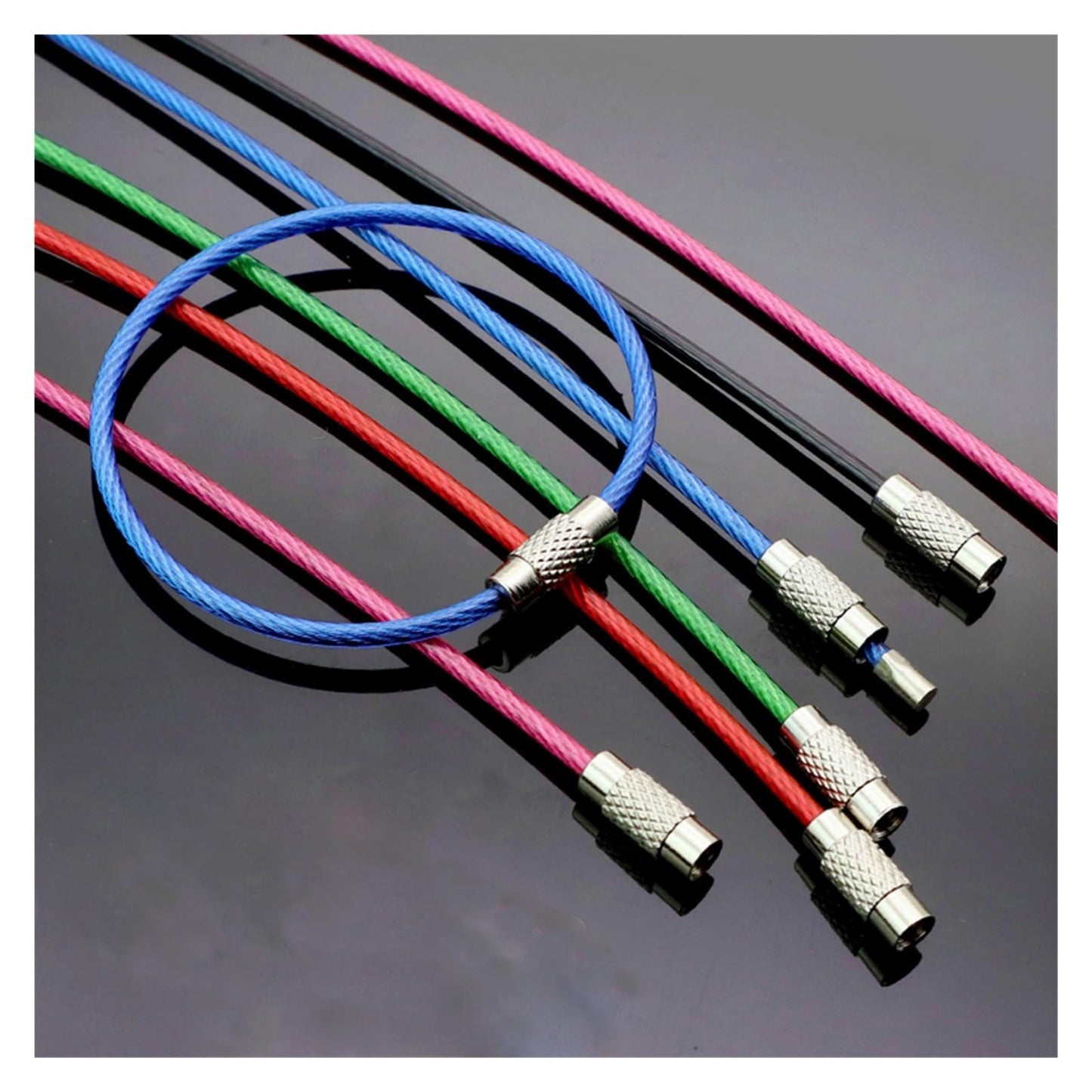 5Pcs Color Stainless Steel Keychain Holder Wire Keyrings Cable Rope Screw Locking Key Chain Outdoor Tools(Pink)