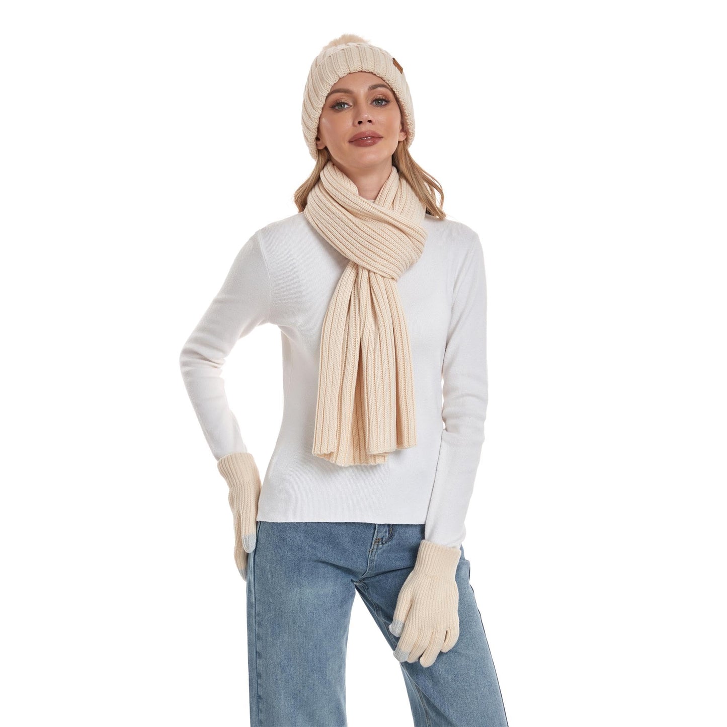 Coolprince Womens Long Scarf Gloves and Hat Set Cold Weather Hat Scarf Glove Set for Women Winter Beanie Hats with Pom Pom Apricot