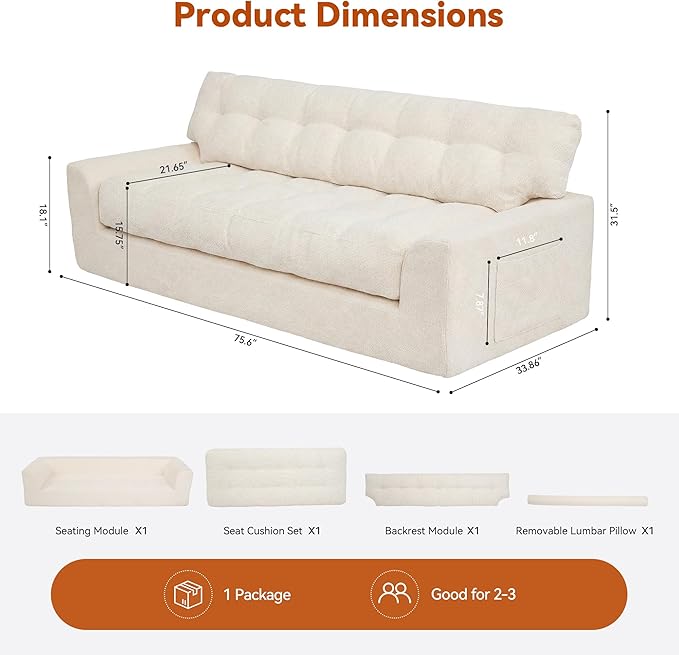MONVANE 75.6" Convertible 3 Seater Sofa, 2-in-1 Boneless Sleeper Sofa Bed