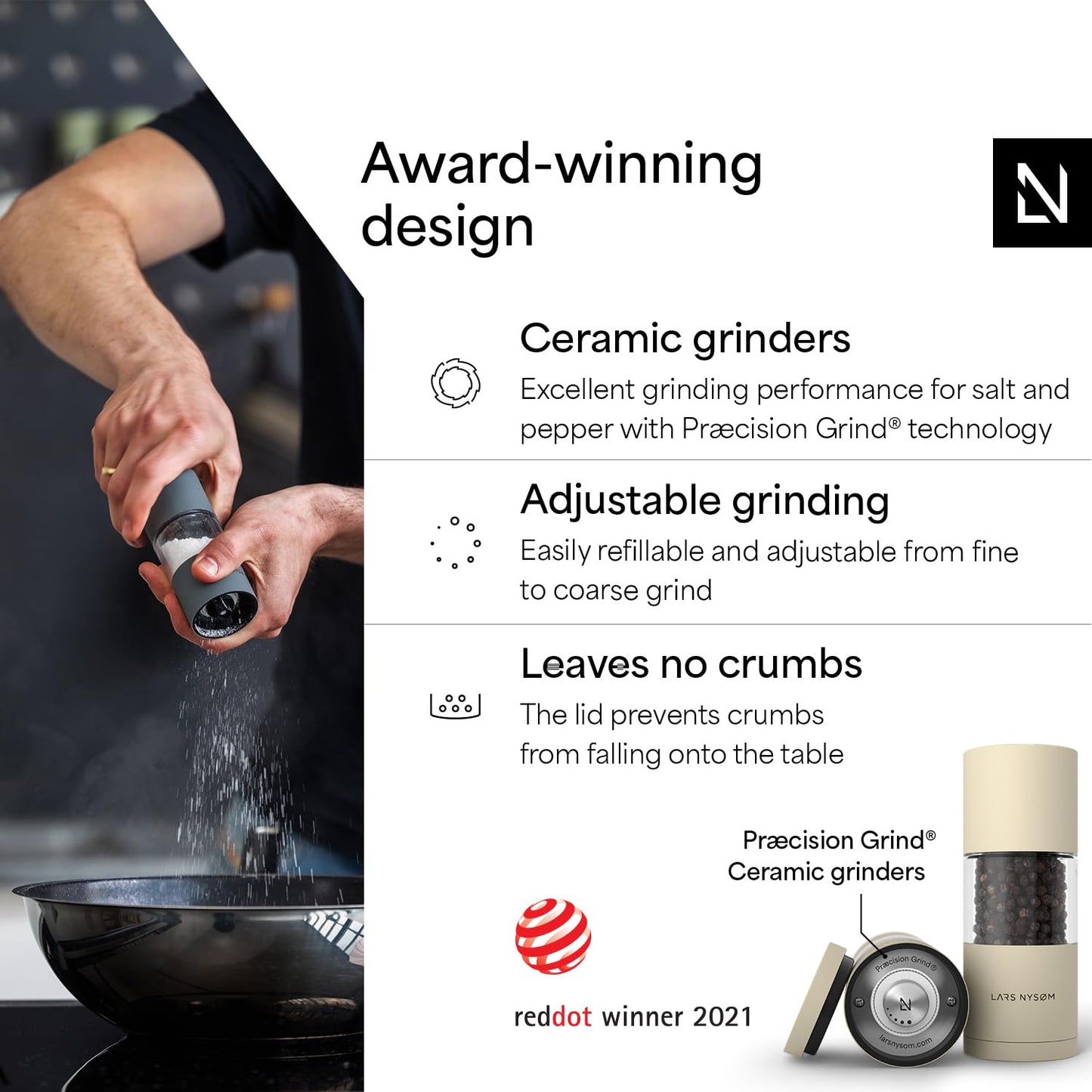 LARS NYSØM Salt and Pepper Grinder Set, Manual Salt and Pepper Mills with Adjustable Ceramic Grinder, Design Spice Shaker Set (Almond Beige)