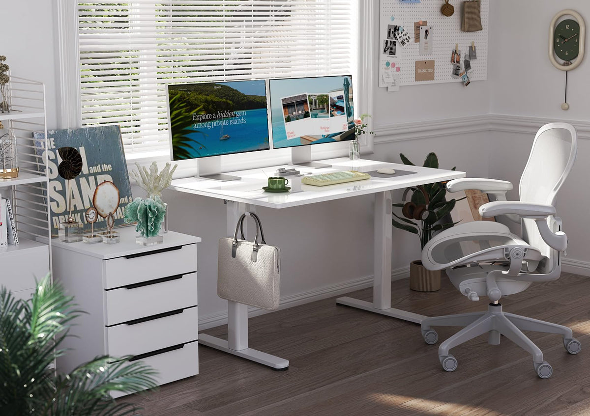 Claiks Small Glass Standing Desk, 35x20 Inch Electric Standing Desk Adjustable Height Quick Install for Computer Workstations, Super White