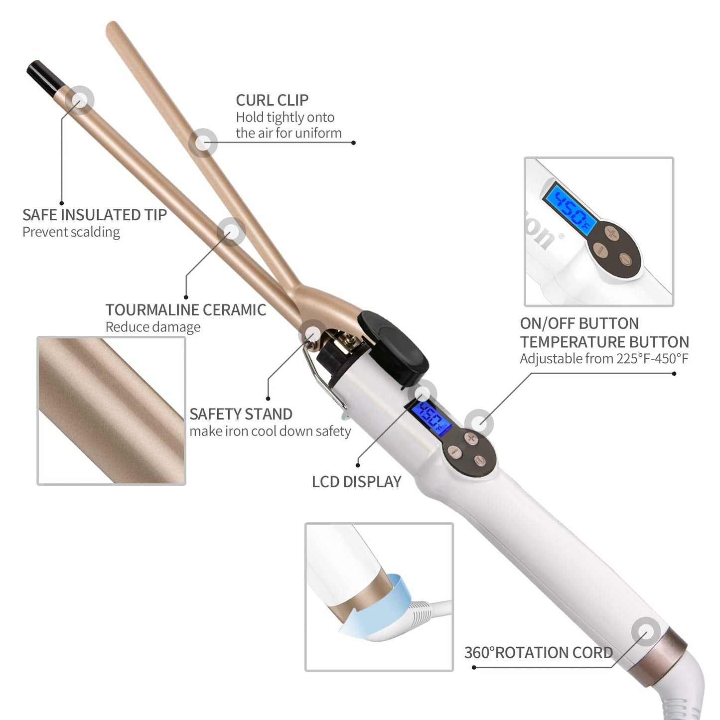 Hoson 1 Inch Curling Iron Professional Ceramic Tourmaline Coating Barrel Hair Curler, LCD Dispaly with 9 Heat Setting(225°F to 450°F for All Hair Types, Glove Include)