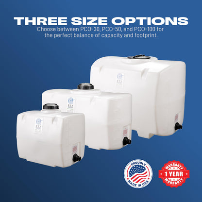 RTS Plastics Rotomolded Polyethylene PCO-30 Gallon Tank for Water and Non-Flammable Liquids with Molded Grad Strip and Siphon Elbow