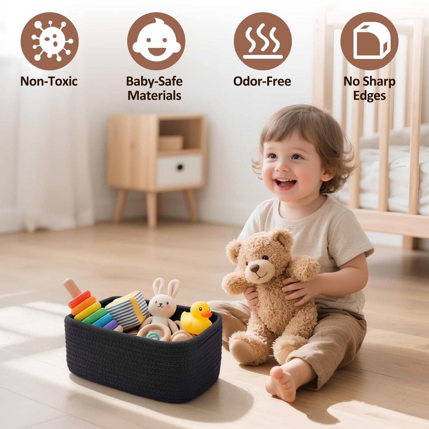 VIRETH HAUS 5-Pack Small Woven Rope Storage Baskets – 2 Sizes Organizer Bins for Closet, Shelf, Bookshelf, Nursery, Changing Table, Fabric Cube Boxes, Rectangular Shallow Bins for Bathroom, Toy & Home
