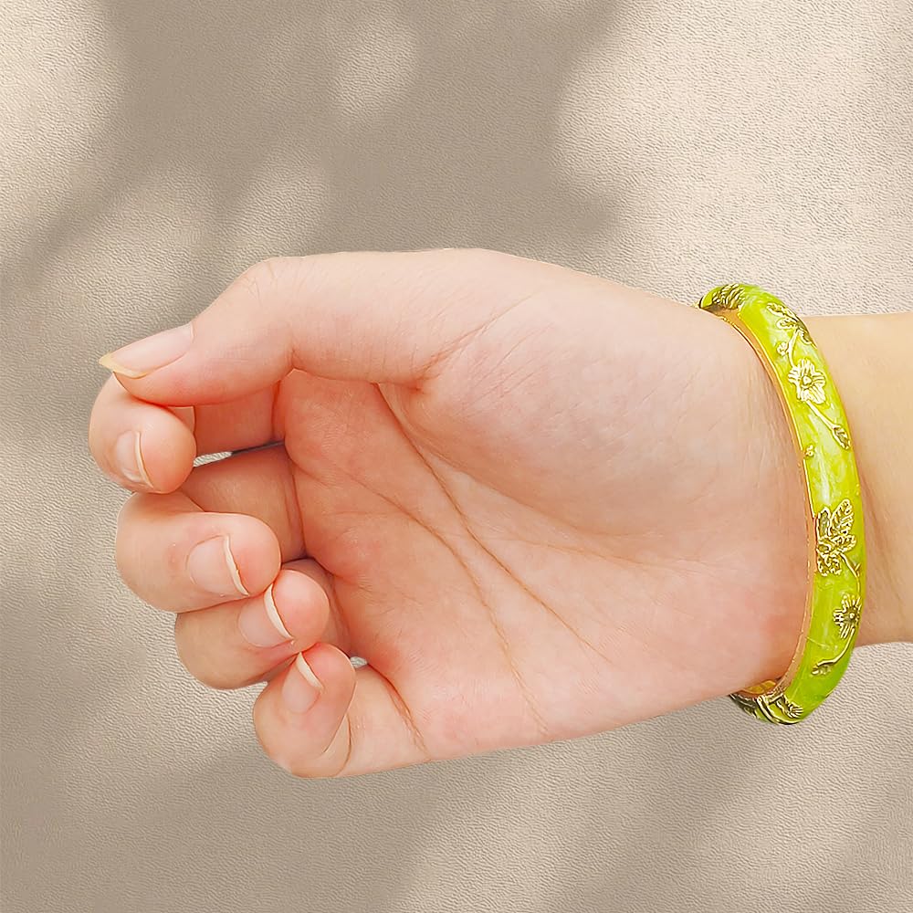 Cloisonne Bracelet For Women, Chunky Bangle Trendy Cute Flower Enamel Bangles Multi Tone Engraved Cuff Gold Plated Bracelets Stackable Wife Jewelry Friendship Gift (Blue&Dark Green Set, One Size)