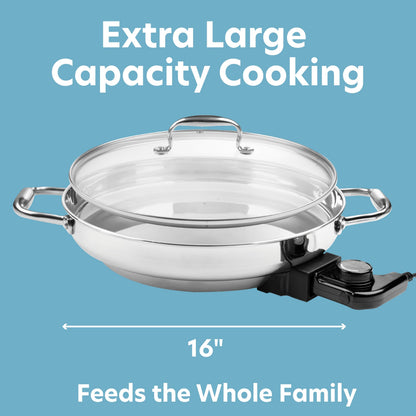 XL Electric 16" Skillet By CucinaPro- 18/10 Stainless Steel Frying Pan with Tempered Glass Lid and Handle, Round with Adjustable Temperature Control Probe, Portable, Includes Recipe Guide, Great Gift
