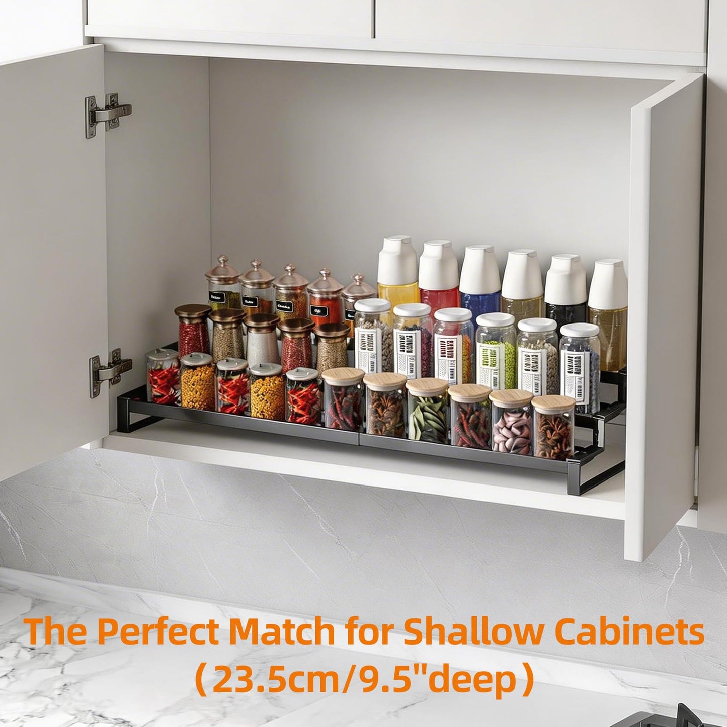 3 Tier Expandable Spice Rack Organizer, Heavy-Duty Black Metal Seasoning Organization Shelf for Cabinet, Kitchen & Pantry, Tiered Spice Shelf With Safety Lock, For Jars & Bottles, Countertop Storage