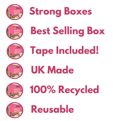 10 Strong Large Cardboard Storage Packing Moving House Boxes with Fragile Tape 52cm x 30cm x 30cm 47 Litres Carry Handles and Room List