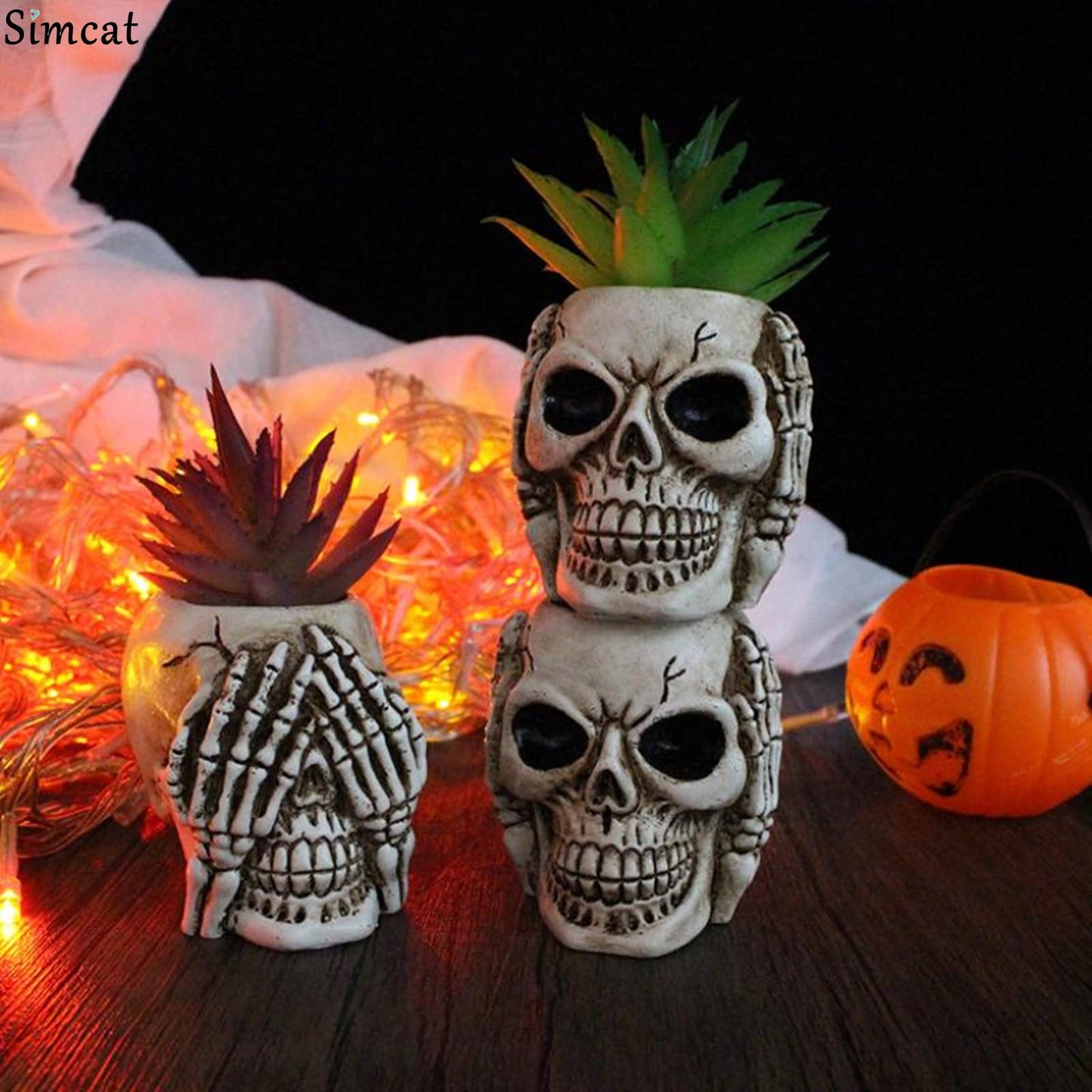 Simcat Succulent Pots with Drainage Mini Creative Skull Decor Resin Flower Pot 3 Cactus Planter Pots Succulent Plant Pots + Removable Drainage Stopper for Home Office Desktop Windowsill Décor