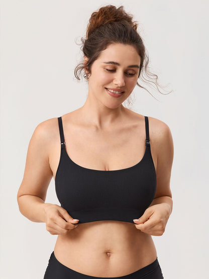 MOMANDA Women's Ribbed Nursing Bras Seamless Bralettes Maternity Wirefree Sports Breastfeeding Bra Black 2 L