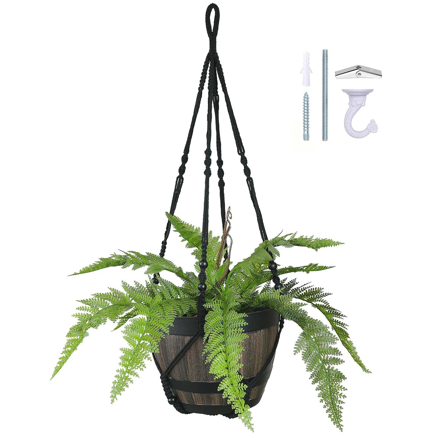Bouqlife Large Macrame Plant Hanger Black 43 Inch Long for up to 12 Inch Pot No Tassel Cotton Rope Hanging Basket Plant Holder with Heavy Duty Ceiling Hooks