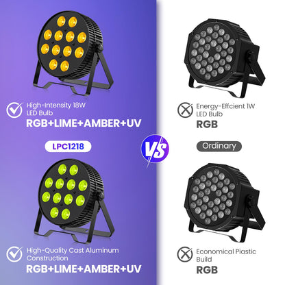 Betopper LED Stage Lights, 12X18W DJ Par Light, RGB+Lime+Amber+UV 6-in-1 Wash/Strobe Effect Stage Lighting, DMX512/Sound Activated Uplighting Lights for DJ, Parties, Concerts, Bars, 4-Pack